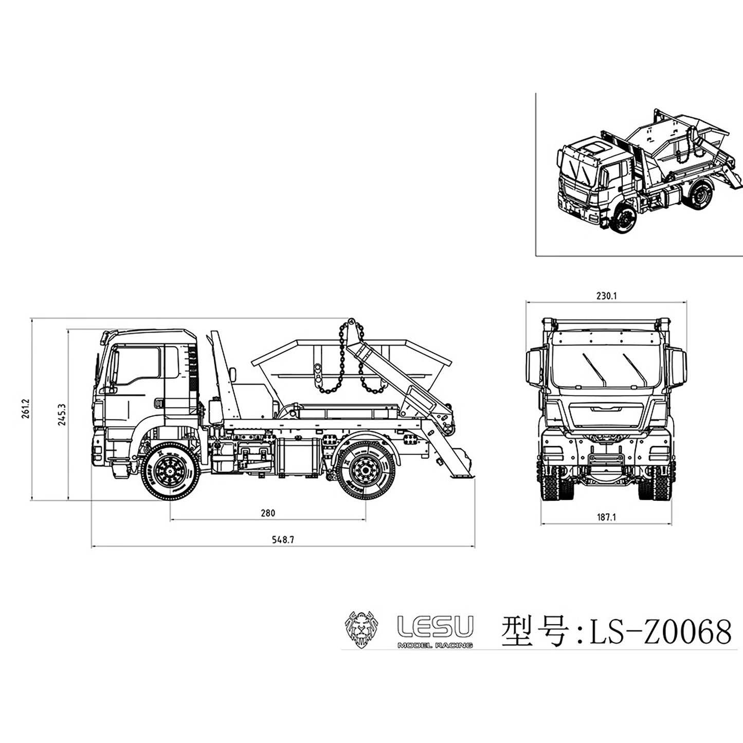 LESU Metal 1/14 RC Hydraulic Swing Arm Garbage Truck 4X4 Skip Loader RTR TGS Car