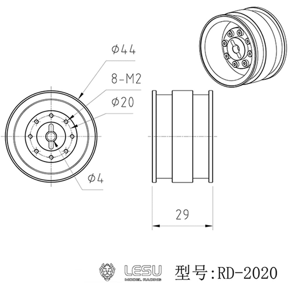1Pair Wheel Metal Hub Rubber Tire for LESU AOUE MCL8 AT1050 6MDX DIY 1/14 RC Hydraulic Loader Radio Control Dump Truck Model Car