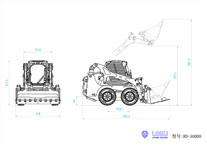 LESU 1/14 Wheeled Skid-Steer Hydraulic RC Loader Aoue LT5H I6S Radio Controller