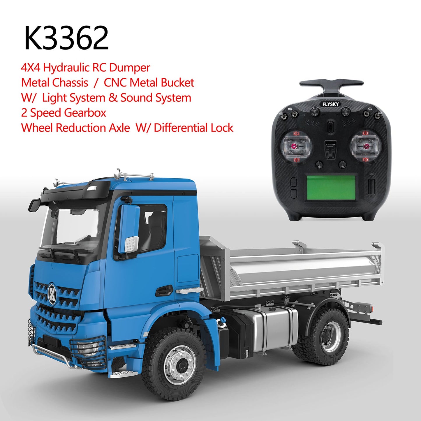 Kabolite K3362 3362 1/14 RC Dump Remote Control Tipper Truck Tipper Lorry Ready to Run 4*4 Metal Hydraulic AWD Light Sound Motor Servo Cylinder