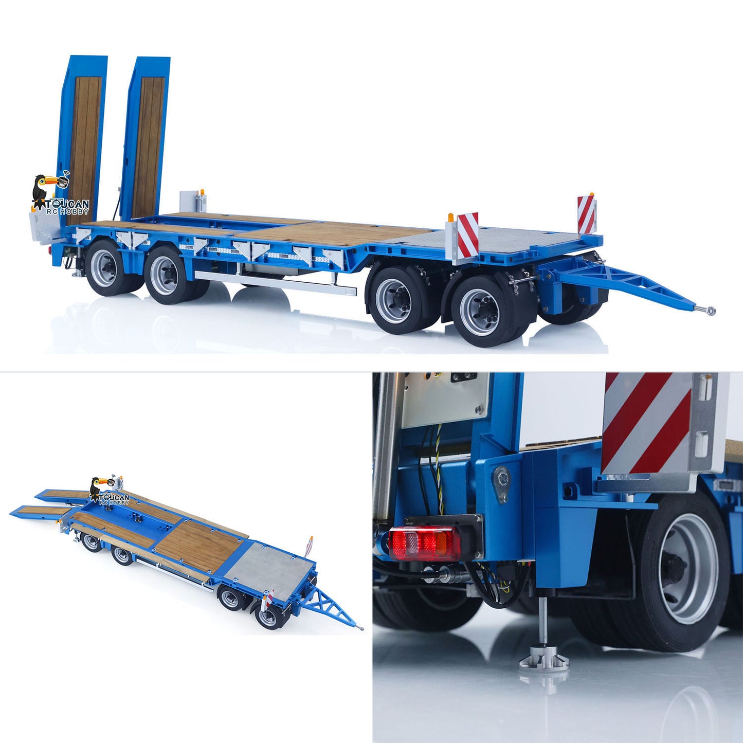 1/14 CUT CNC Metal RC Hydraulic Low Flatbed Trailer Blue Support Leg & Foldable Tailgate