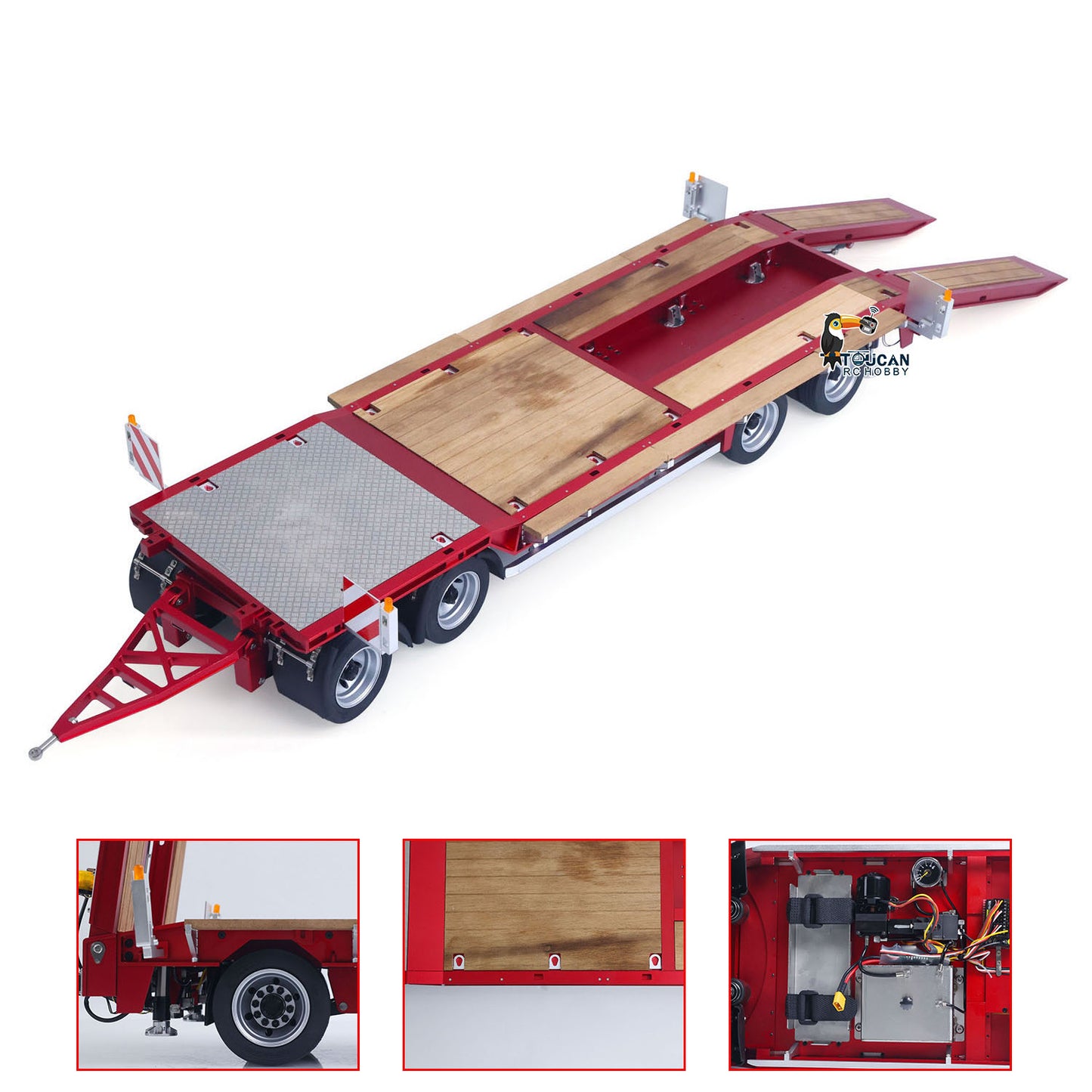 1/14 CUT CNC Metal RC Hydraulic Low Flatbed Trailer Red Support Leg & Foldable Tailgate