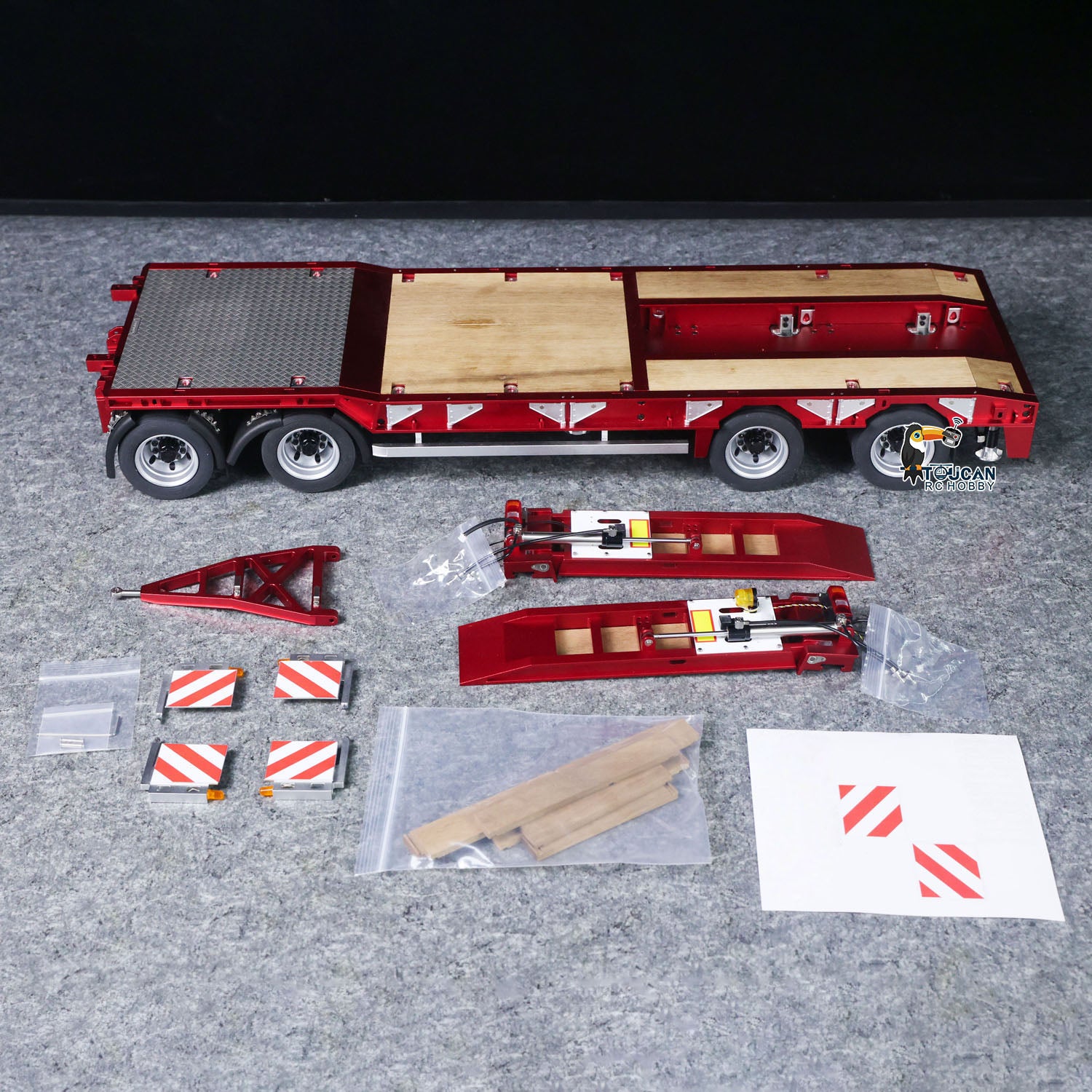 CUT 1/14 4-Axles CNC Metal RC Low Flatbed Trailer Red Chassis and Hydraulic System Config
