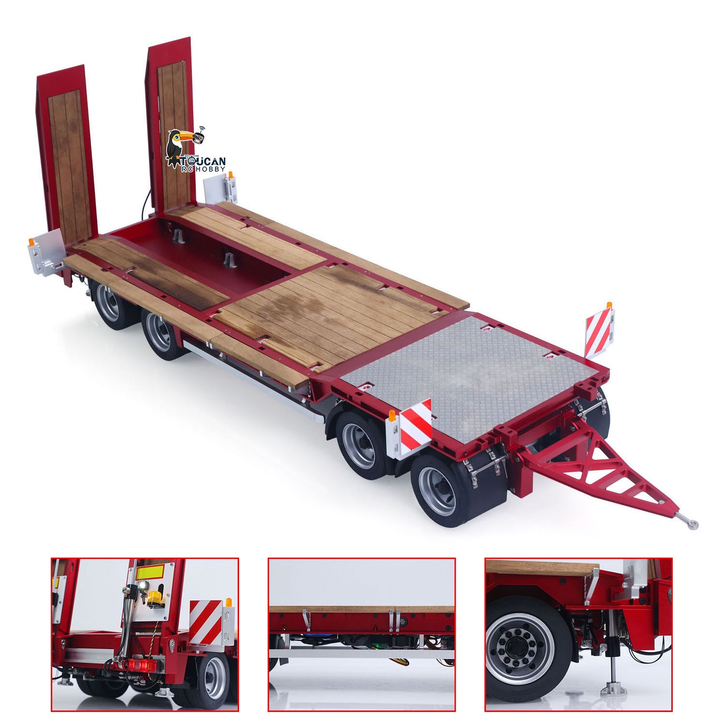CUT 1/14 4-Axles RC Hydraulic Low Flatbed Trailer Red Overall View Air Suspension 56368