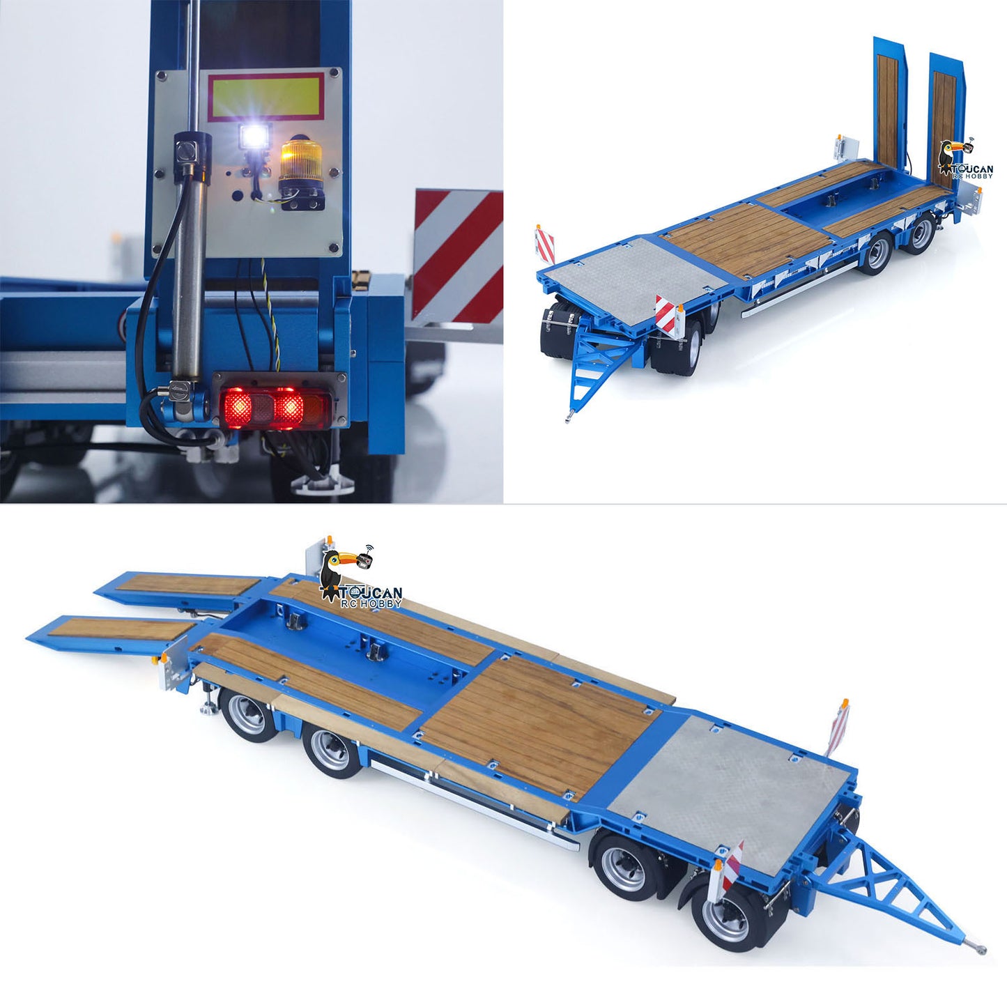 CUT 1/14 4-Axles CNC Metal RC Low Flatbed Trailer Blue Side Profile with Rotating Light 56368
