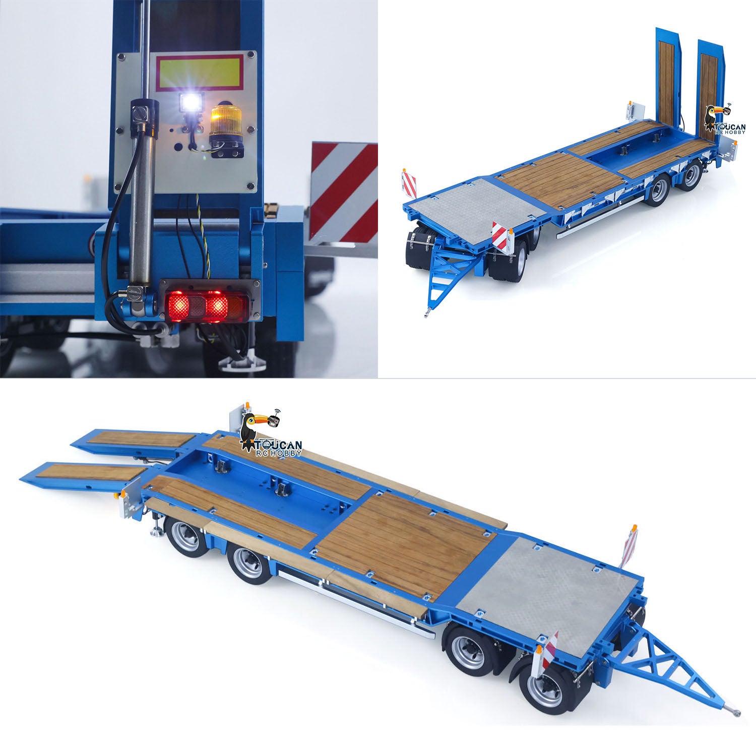 CUT 1/14 4-Axles CNC Metal RC Low Flatbed Trailer Blue Side Profile with Rotating Light 56368