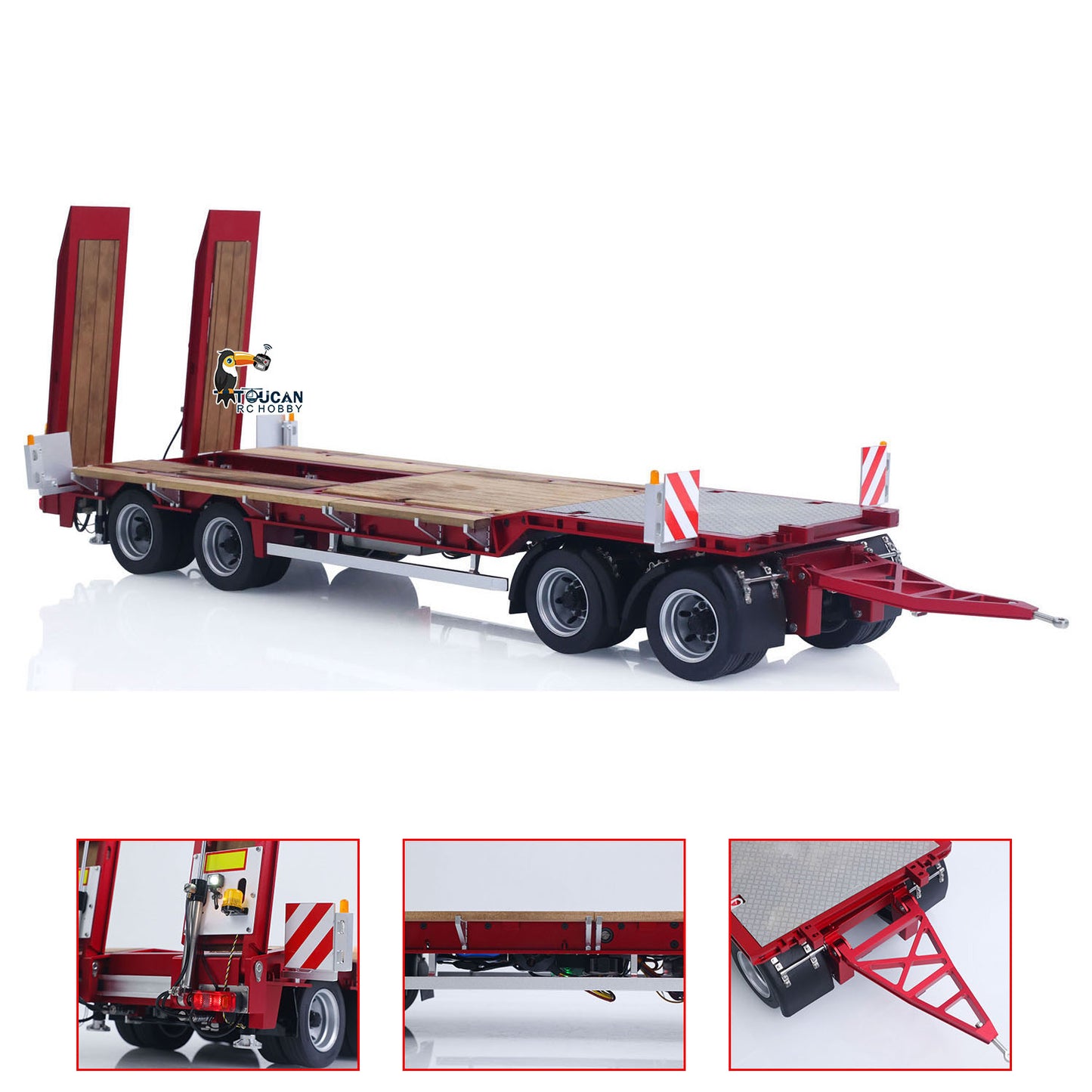 CUT 1/14 4-Axles CNC Metal RC Low Flatbed Trailer Red Side Profile with Rotating Light 56368
