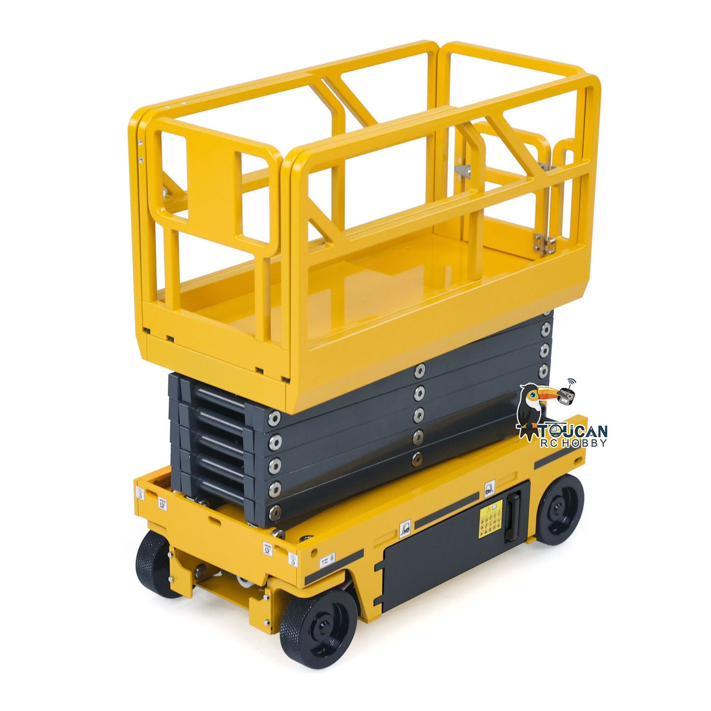 CUT 1/14 RC Hydraulic Scissor Lift Aerial Work Platform Yellow Overall View TOUCAN Painted RTR