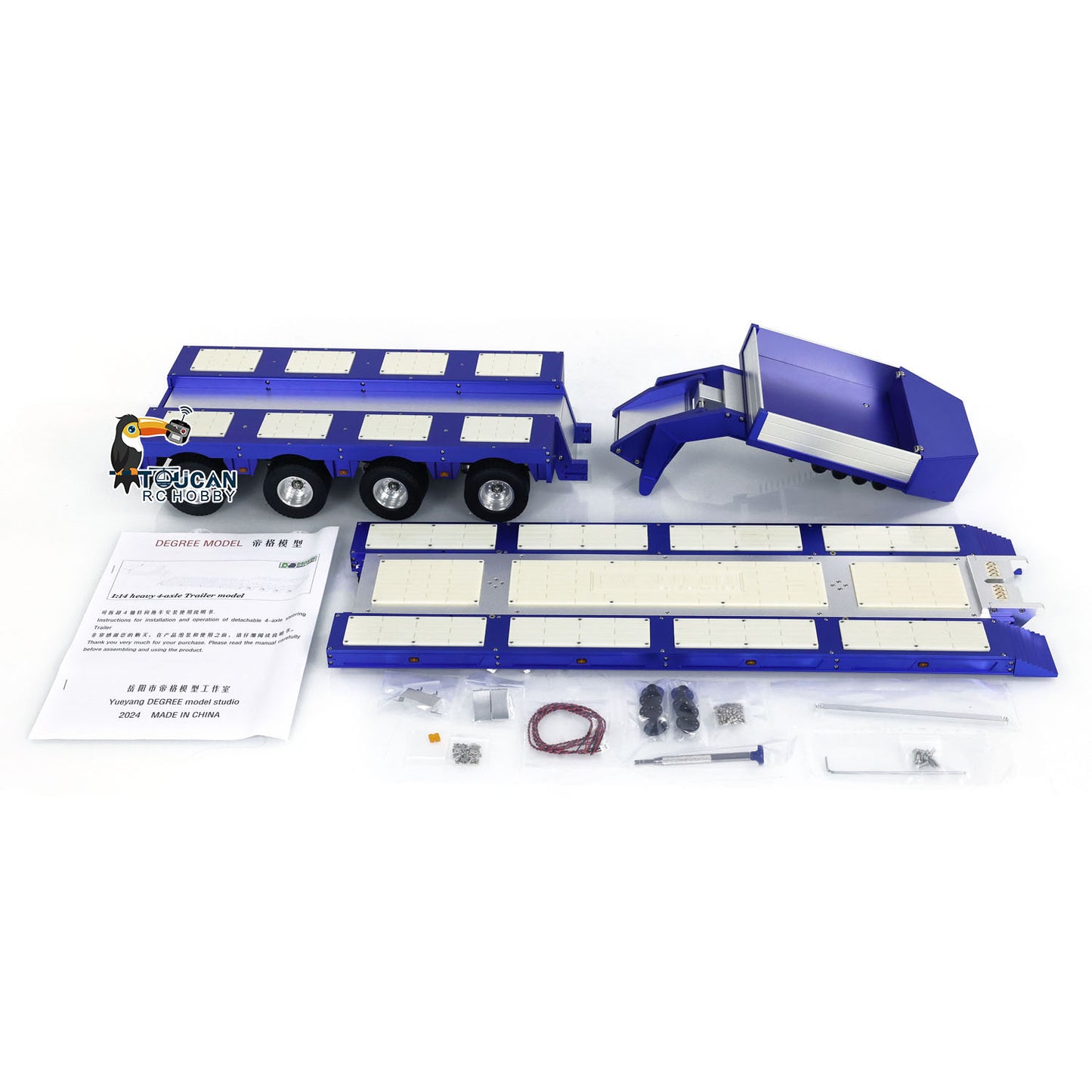 Degree DG-999 V2 1/14 4-Axle Metal RC Heavy Haul Trailer blue configuration with lights and accessories