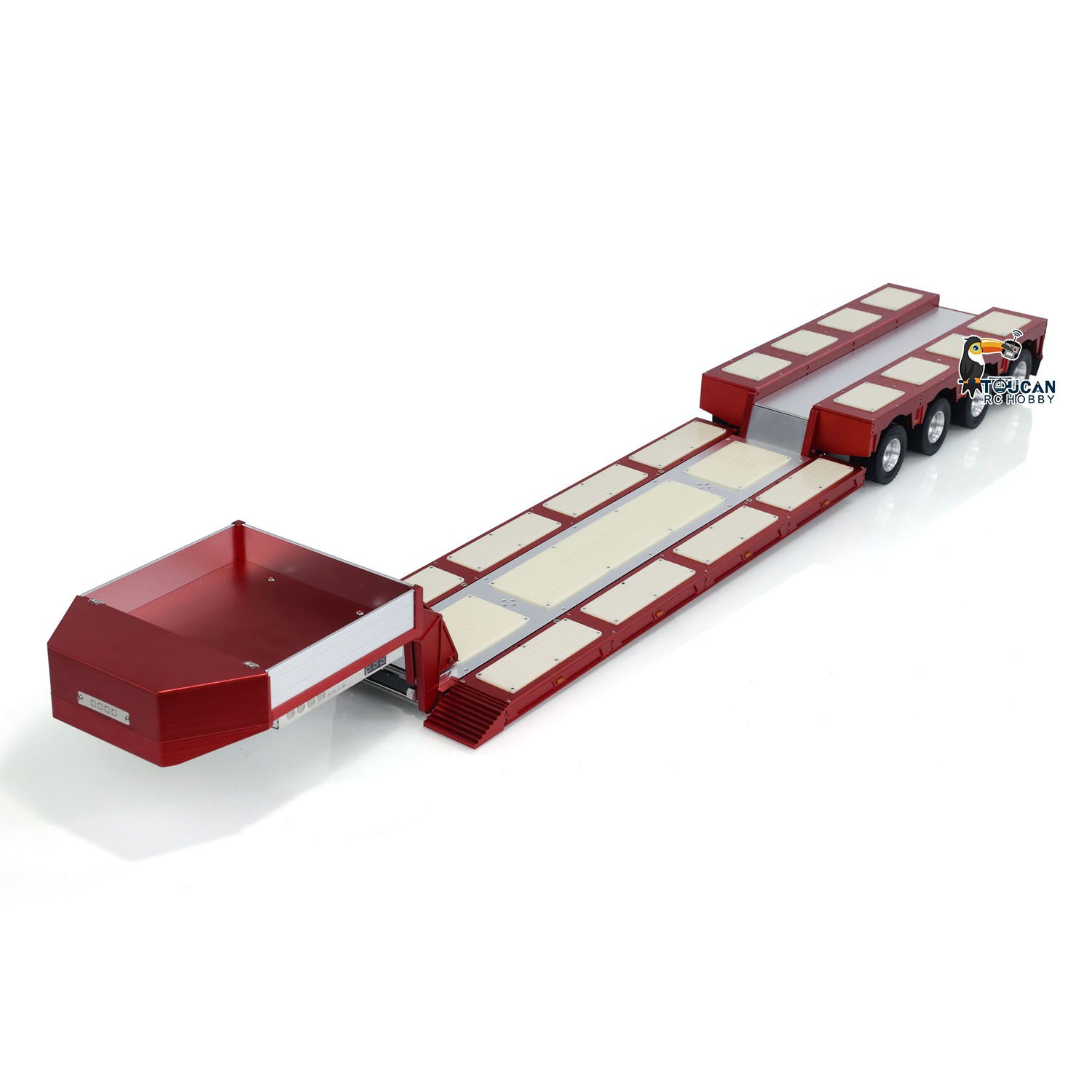 Degree DG-999 V2 1/14 4-Axle Metal RC Heavy Haul Trailer red side view with adjustable platform