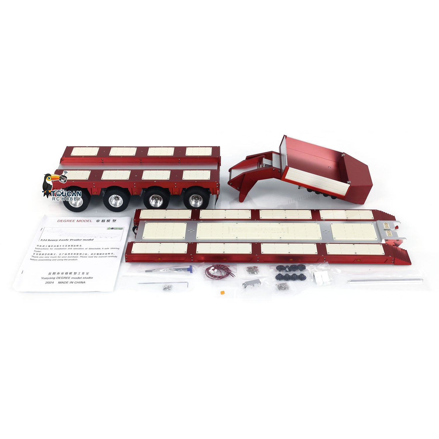 Degree DG-999 V2 1/14 4-Axle Metal RC Heavy Haul Trailer red configuration with lights and accessories