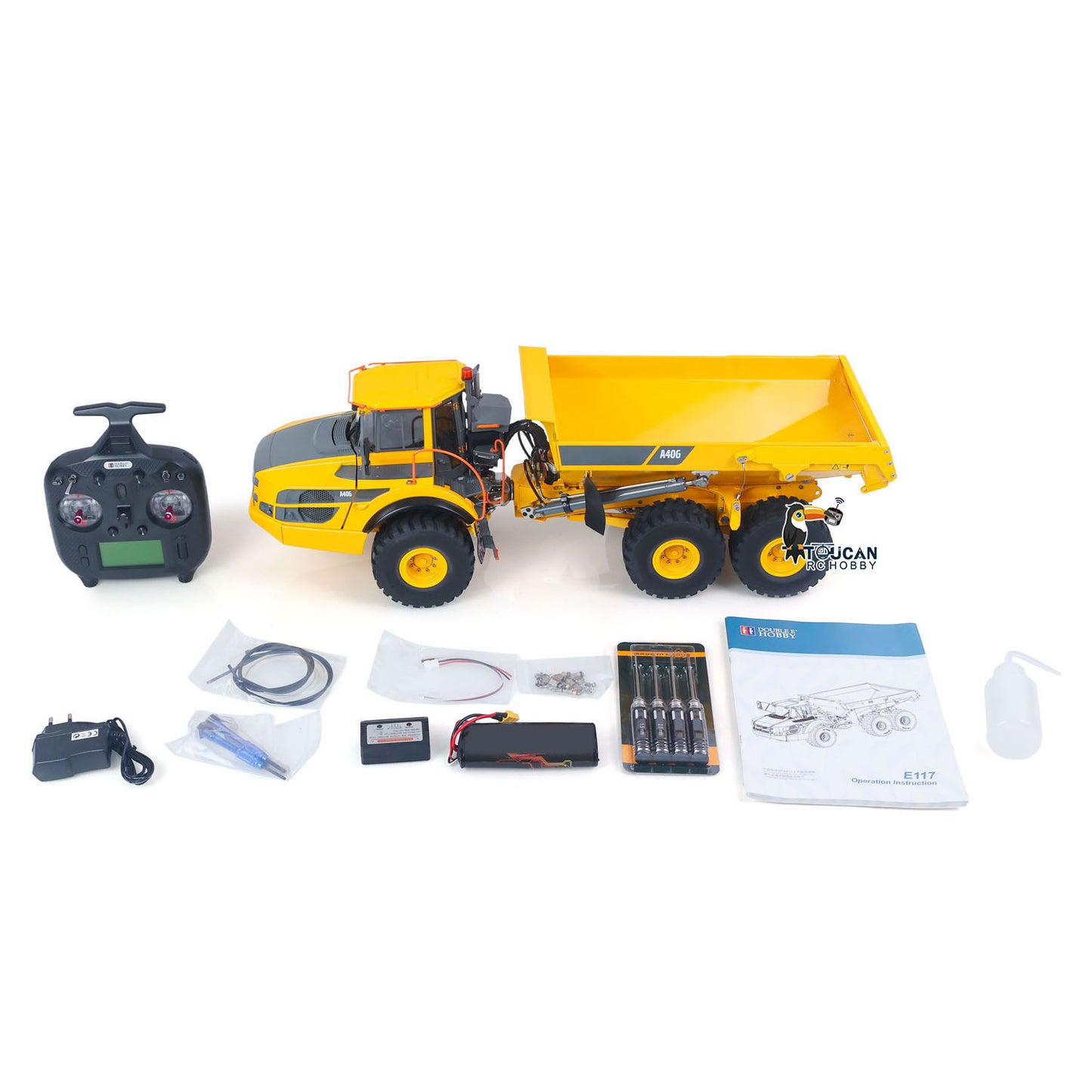 Double E A40G 1/16 Metal RC Hydraulic 6x6 Articulated Dump Truck complete accessories including ST8 radio controller, battery, charger, manual and screwdriver