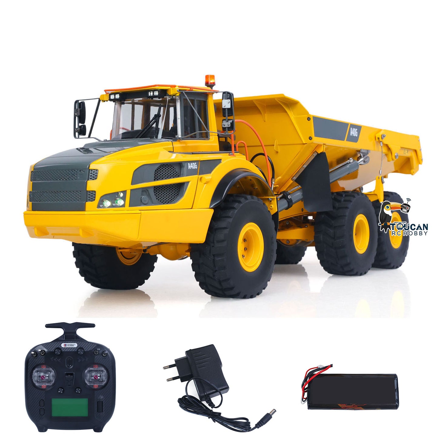 Double E A40G 1/16 Metal RC Hydraulic 6x6 Articulated Dump Truck RTR package with ST8 radio controller, battery and charger