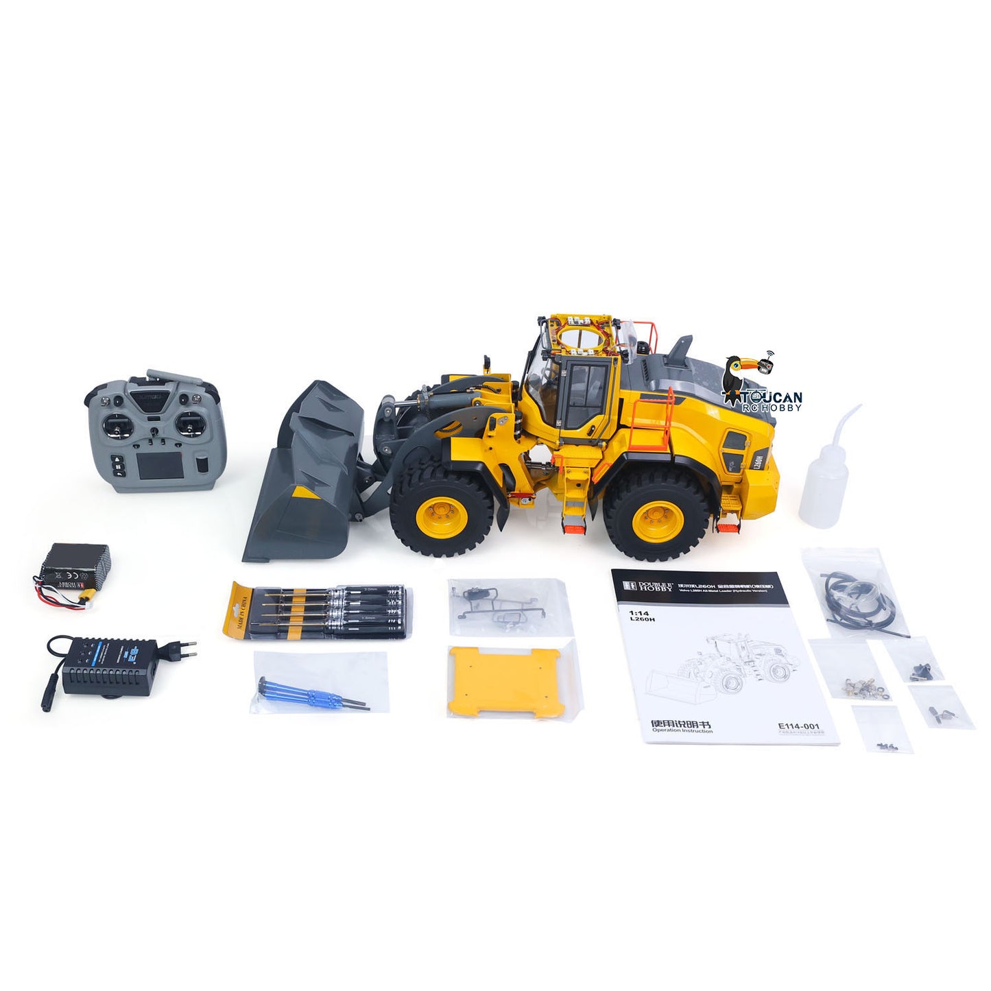 Double E L260H 1/14 RC hydraulic wheel loader RTR package with radio controller battery and charger