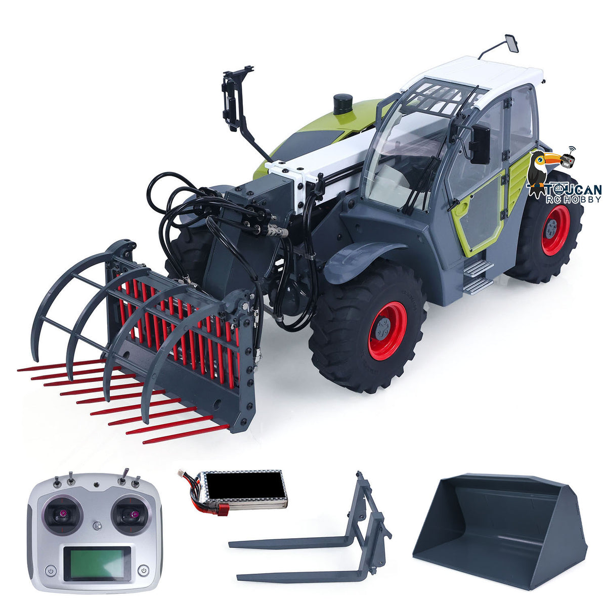 JDM-128 1/14 Metal RC Hydraulic Telehandler RTR with Battery and Charger, Bucket, Fork and Hydraulic Grapple