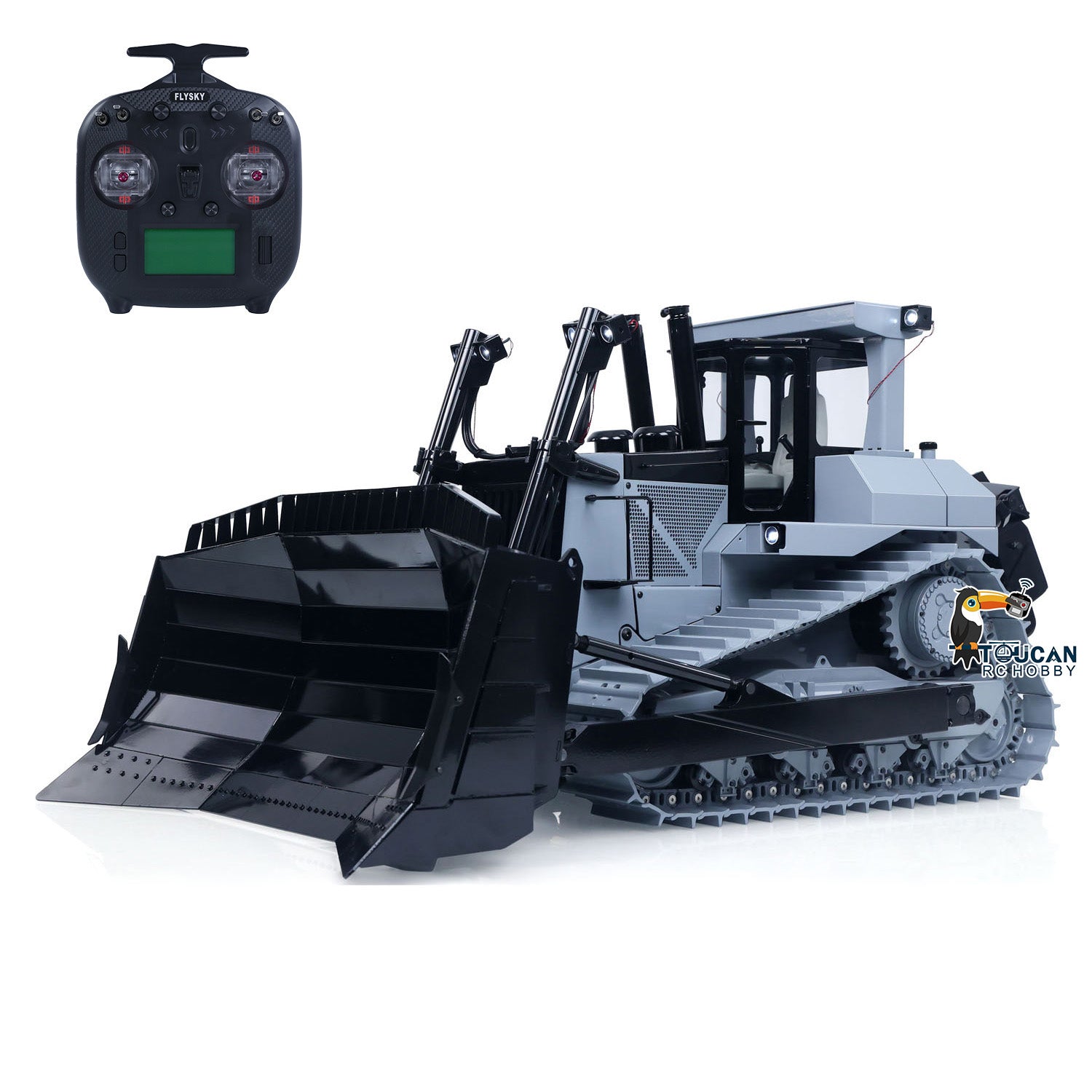 JDM-98 Ultra DXR2 1/14 Metal RC Hydraulic Bulldozer gray complete package with FlySky ST8 radio controller