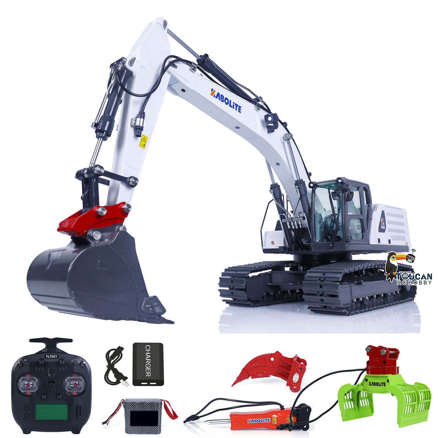 KABOLITE K961 100S PRO 1/18 Metal Hydraulic RC Crawler Excavator white configuration with radio controller battery charger and attachments