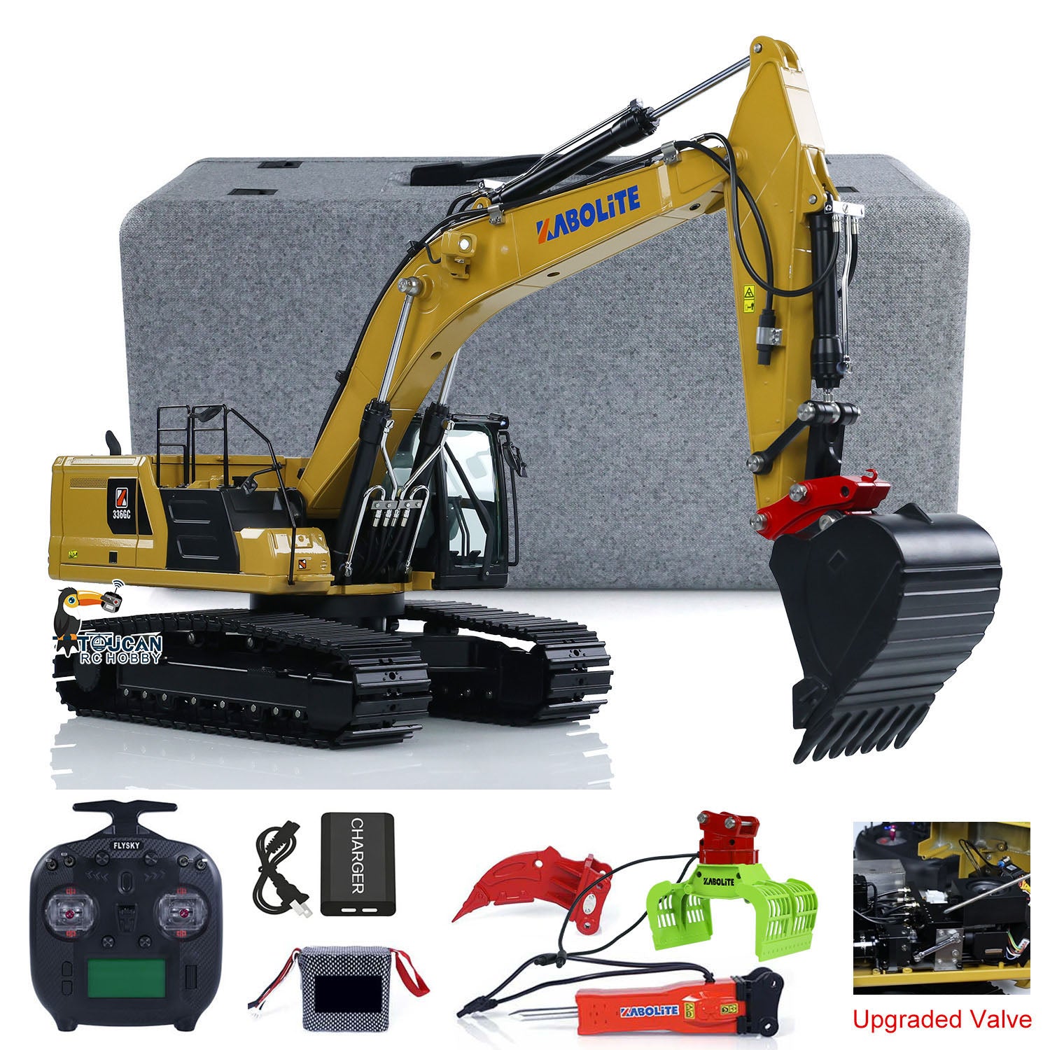 KABOLITE K961 100S PRO 1/18 Metal Hydraulic RC Crawler Excavator yellow configuration with radio controller battery charger and attachments