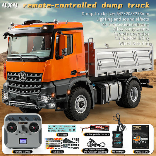 Kabolite 5701 1/14 4x4 Plastic RC Dump Truck orange complete package with radio controller battery charger manual and stickers