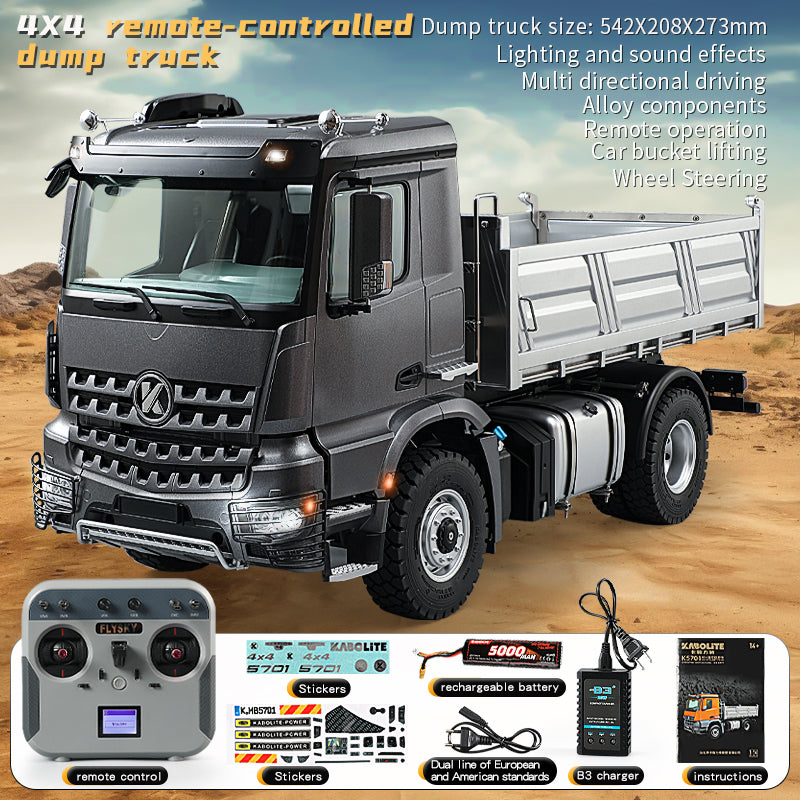 Kabolite 5701 1/14 4x4 Plastic RC Dump Truck gray package with radio controller battery charger manual and stickers