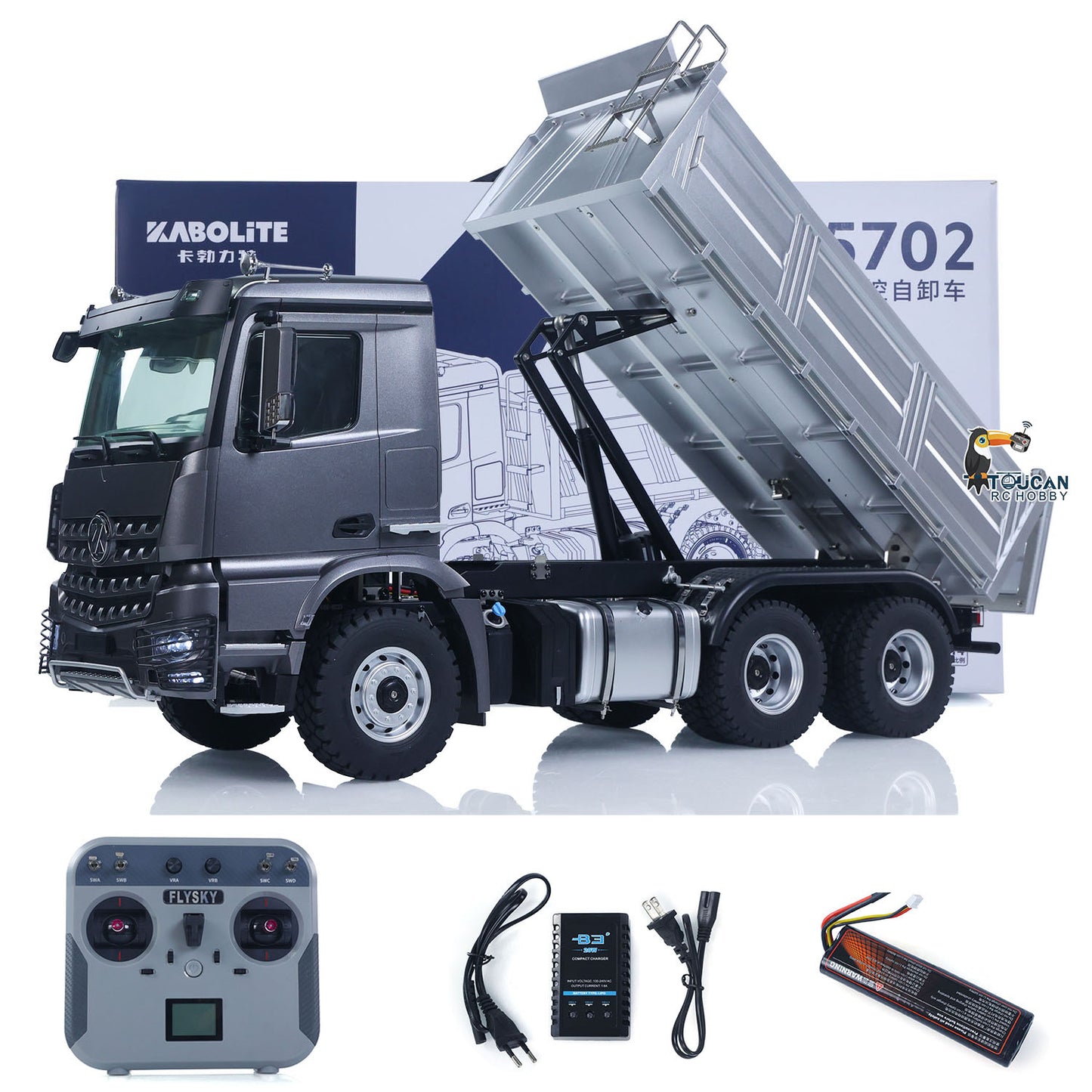Kabolite 5702 1/14 RC dump truck grey overall view RTR model