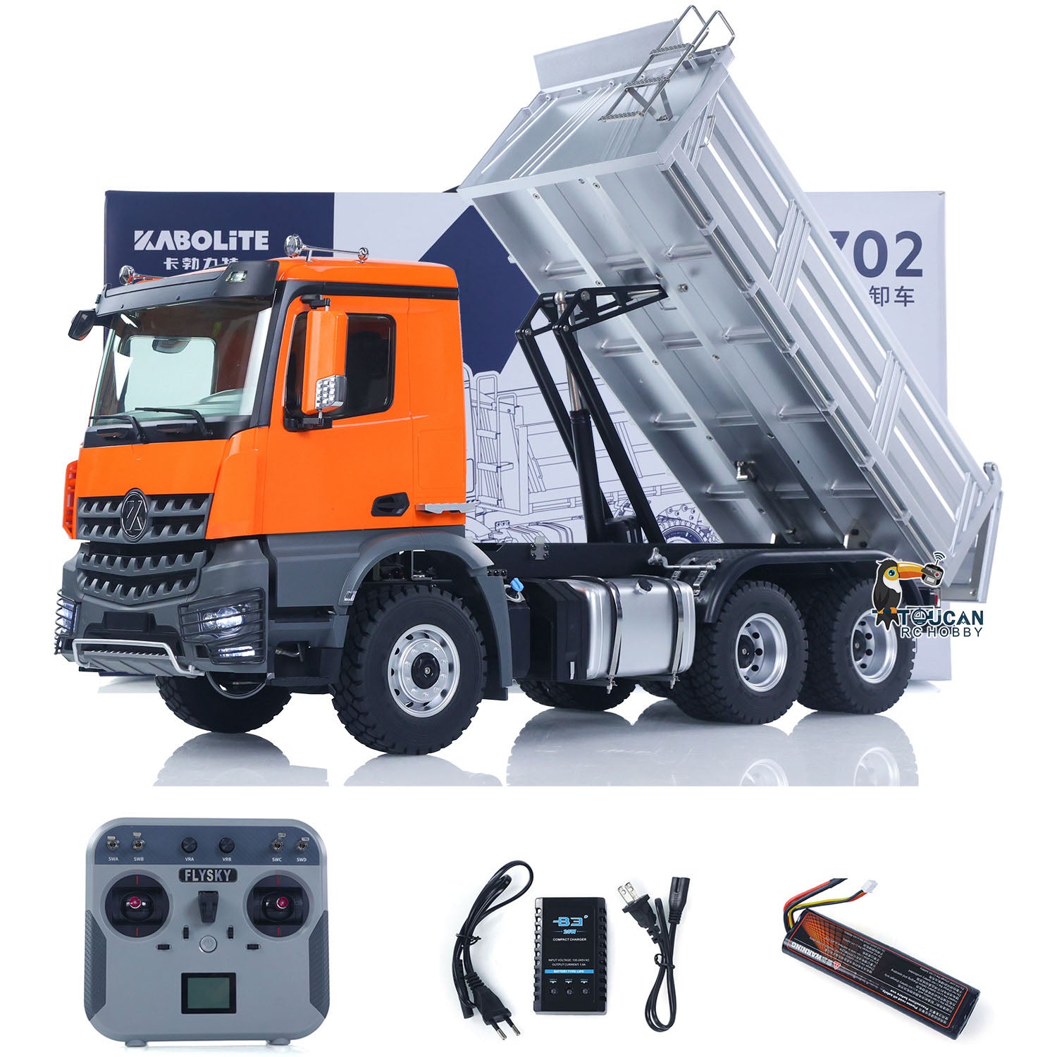 Kabolite 5702 1/14 RC dump truck orange overall view with RTR configuration