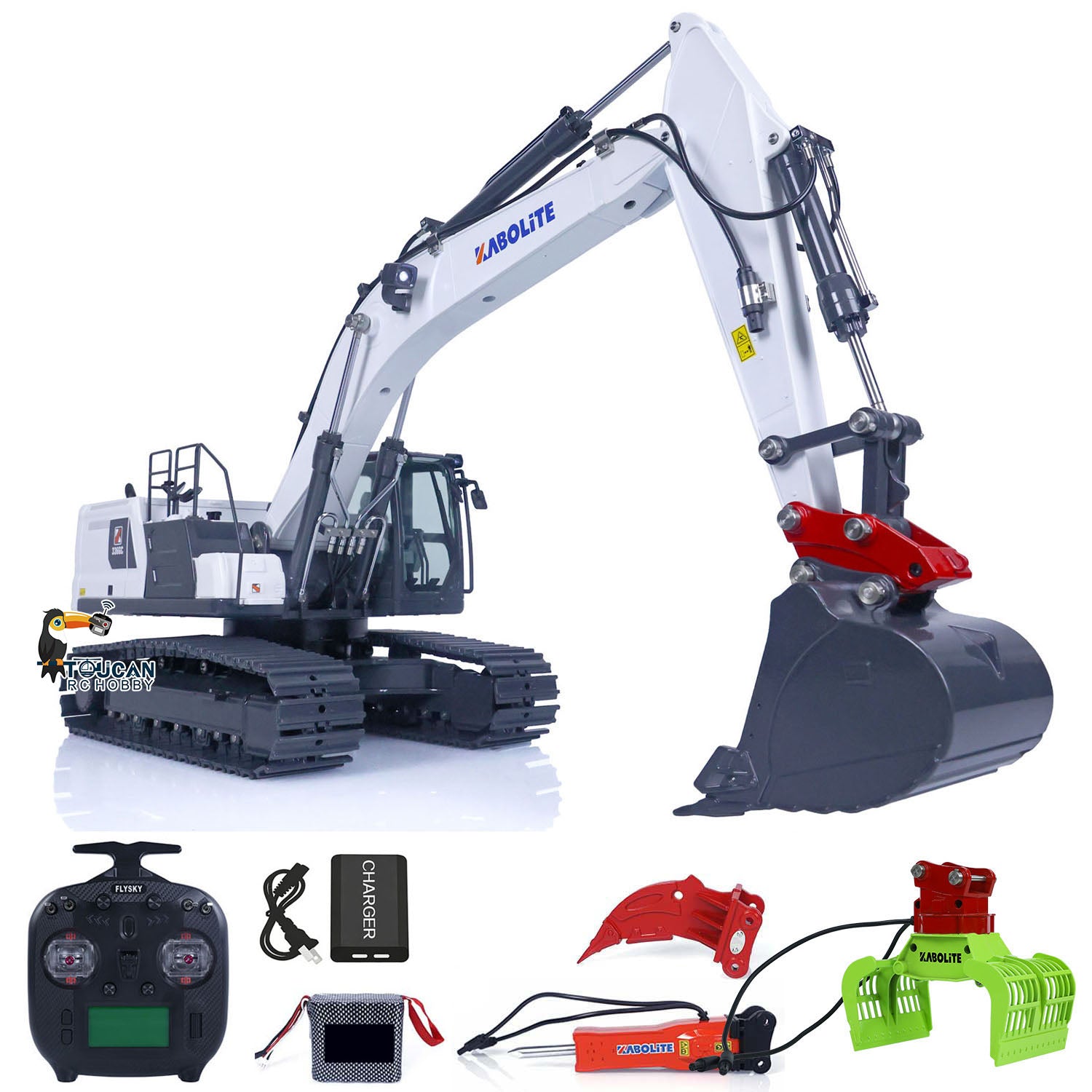 KABOLITE K961 100S PRO 1/18 Metal Hydraulic RC Crawler Excavator white RTR configuration with radio controller battery charger and attachments