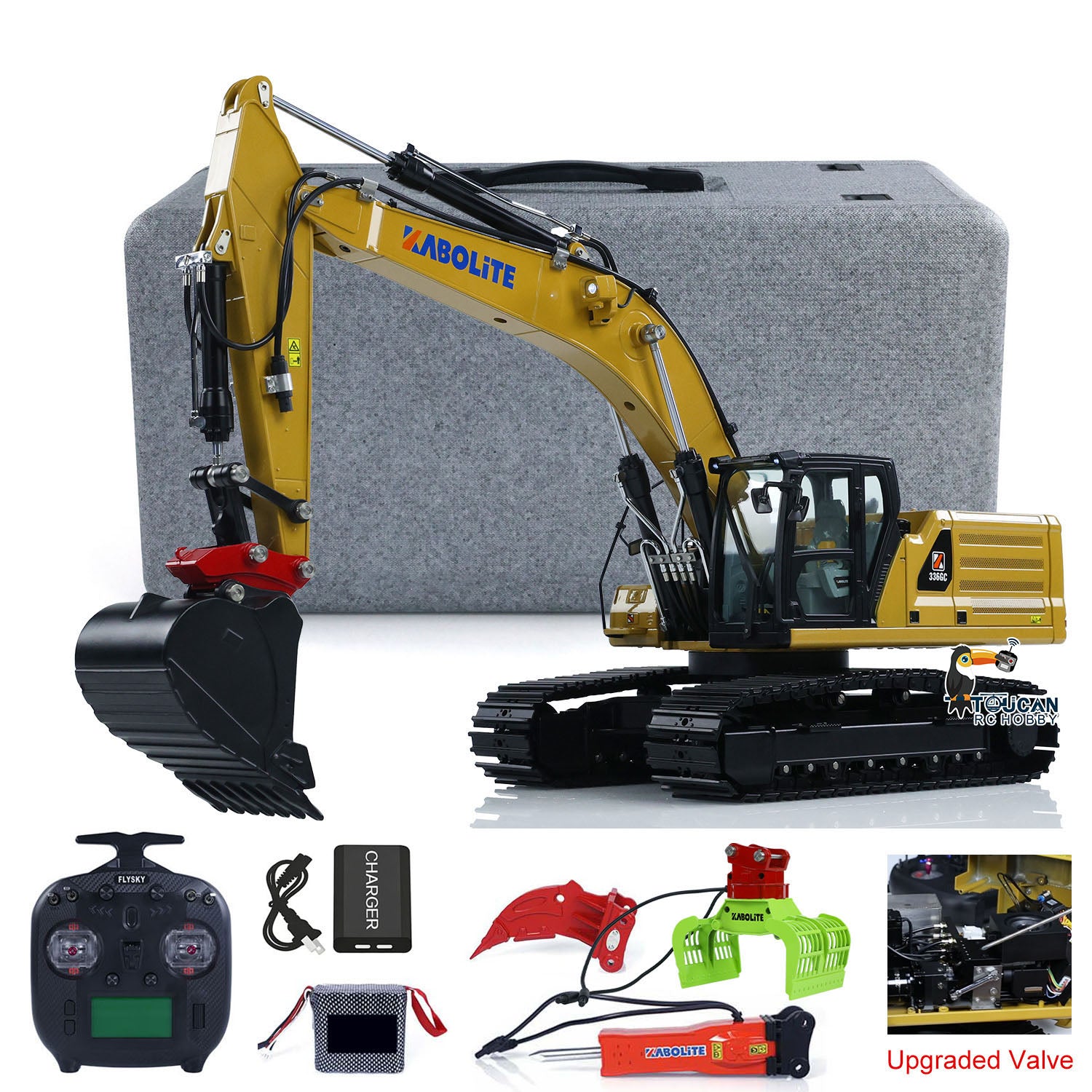KABOLITE K961 100S PRO 1/18 Metal Hydraulic RC Crawler Excavator yellow RTR configuration with radio controller battery charger and attachments