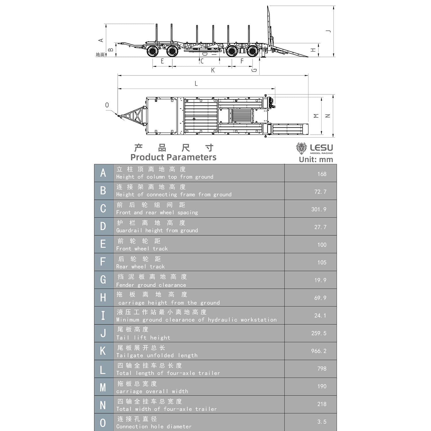 LESU A0049 1/14 Metal Hydraulic Tailboard Trailer overall dimensions and size details
