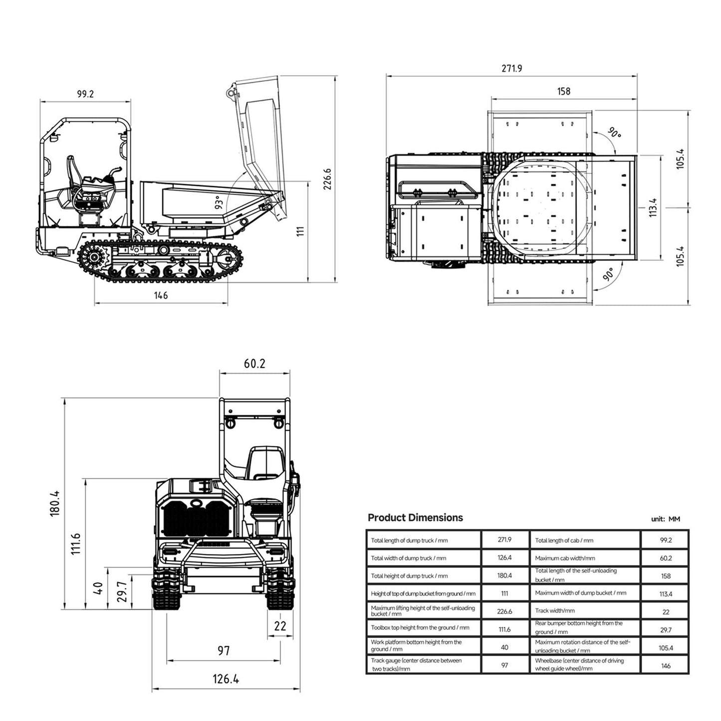 LESU KC300HR-5 1/14 Metal Hydraulic RC Tracked Dump Truck dimensions and overall size specifications