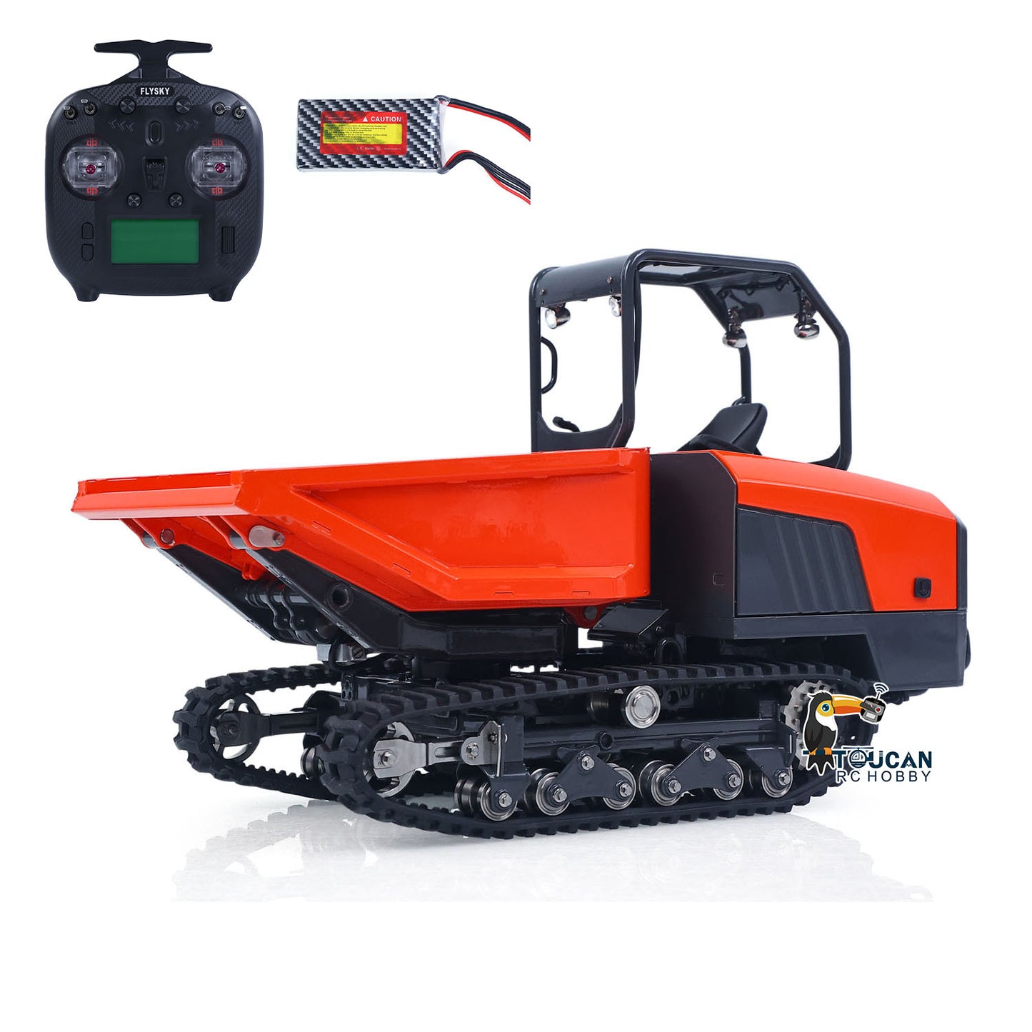 LESU KC300HR-5 1/14 Metal Hydraulic RC Tracked Dump Truck configuration with radio controller and battery
