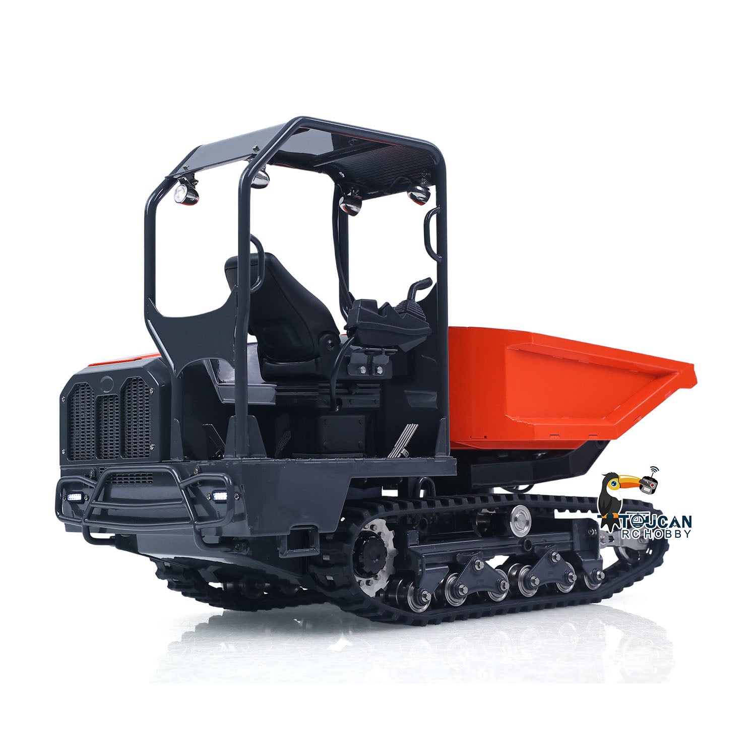 LESU KC300HR-5 1/14 Metal Hydraulic RC Tracked Dump Truck side view with rubber tracks and metal chassis