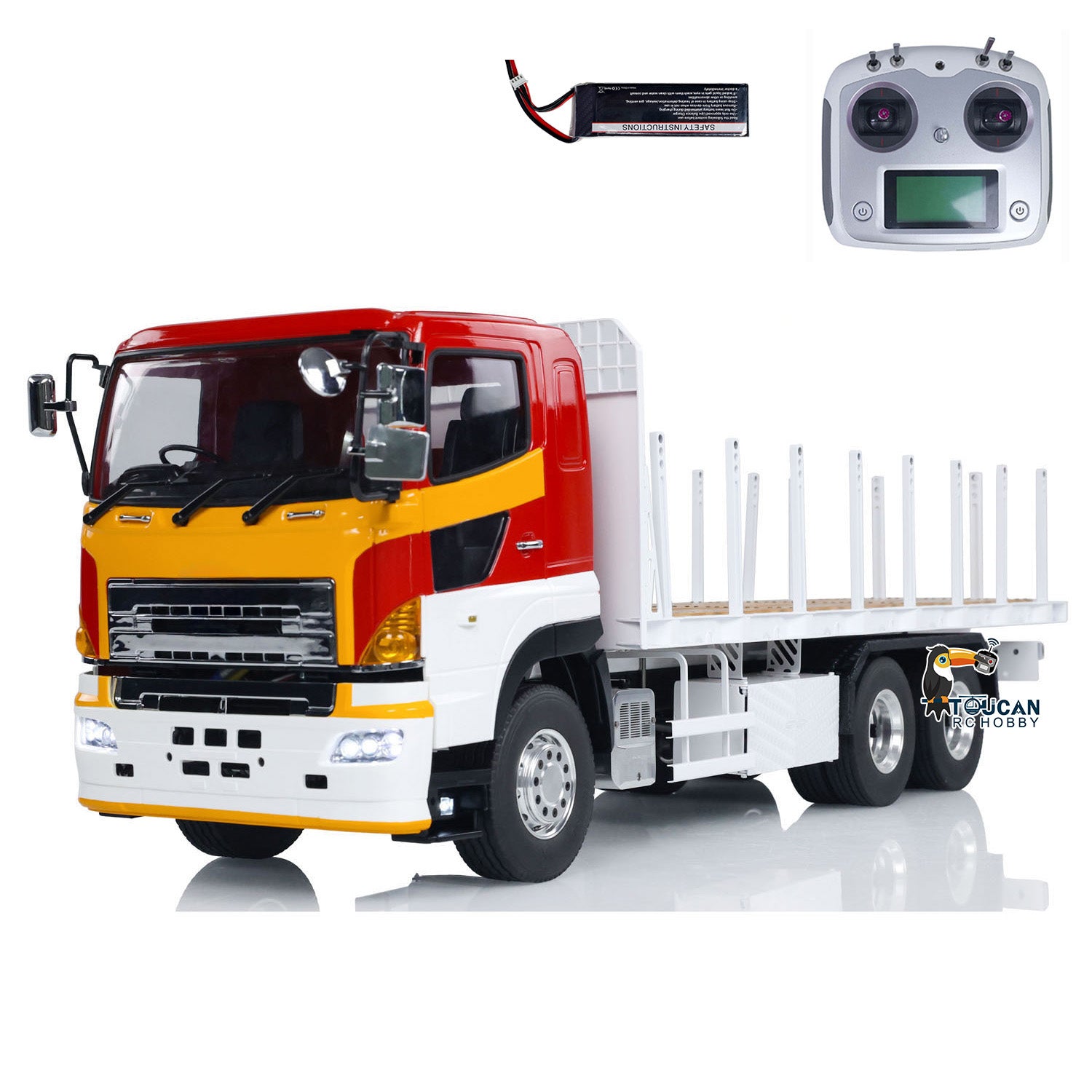LESU 1/14 Metal 6x4 RC Timber Flatbed Truck RTR with included FlySky I6S remote controller, battery and charger.
