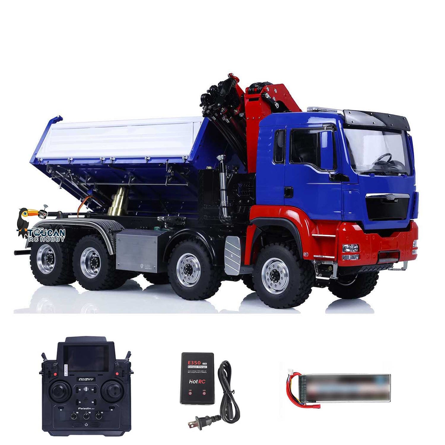 LESU Z0063 1/14 8x8 Metal Hydraulic RC Dump Truck With Crane blue and red configuration with radio controller battery and charger