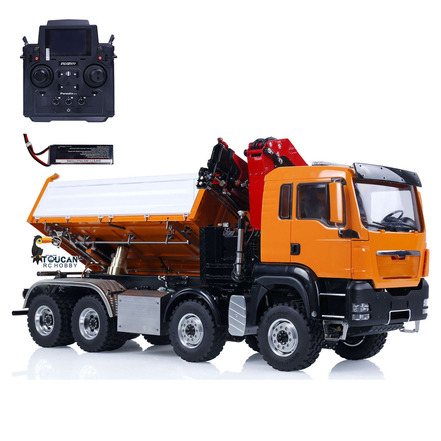 LESU Z0063 1/14 8x8 Metal Hydraulic RC Dump Truck With Crane orange configuration with radio controller battery and charger