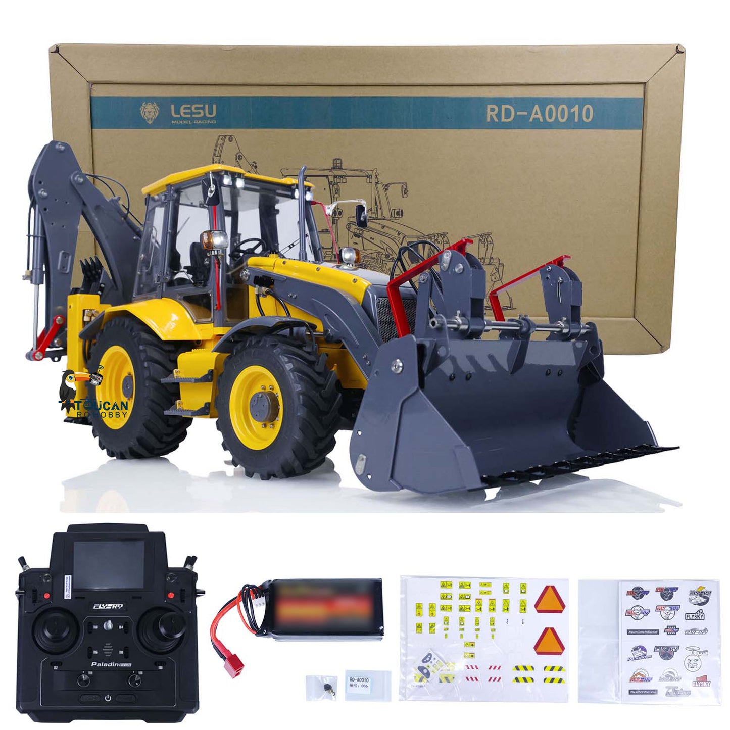 LESU BL71 A0010 1/14 Metal Hydraulic RC Backhoe Loader package with controller battery and stickers