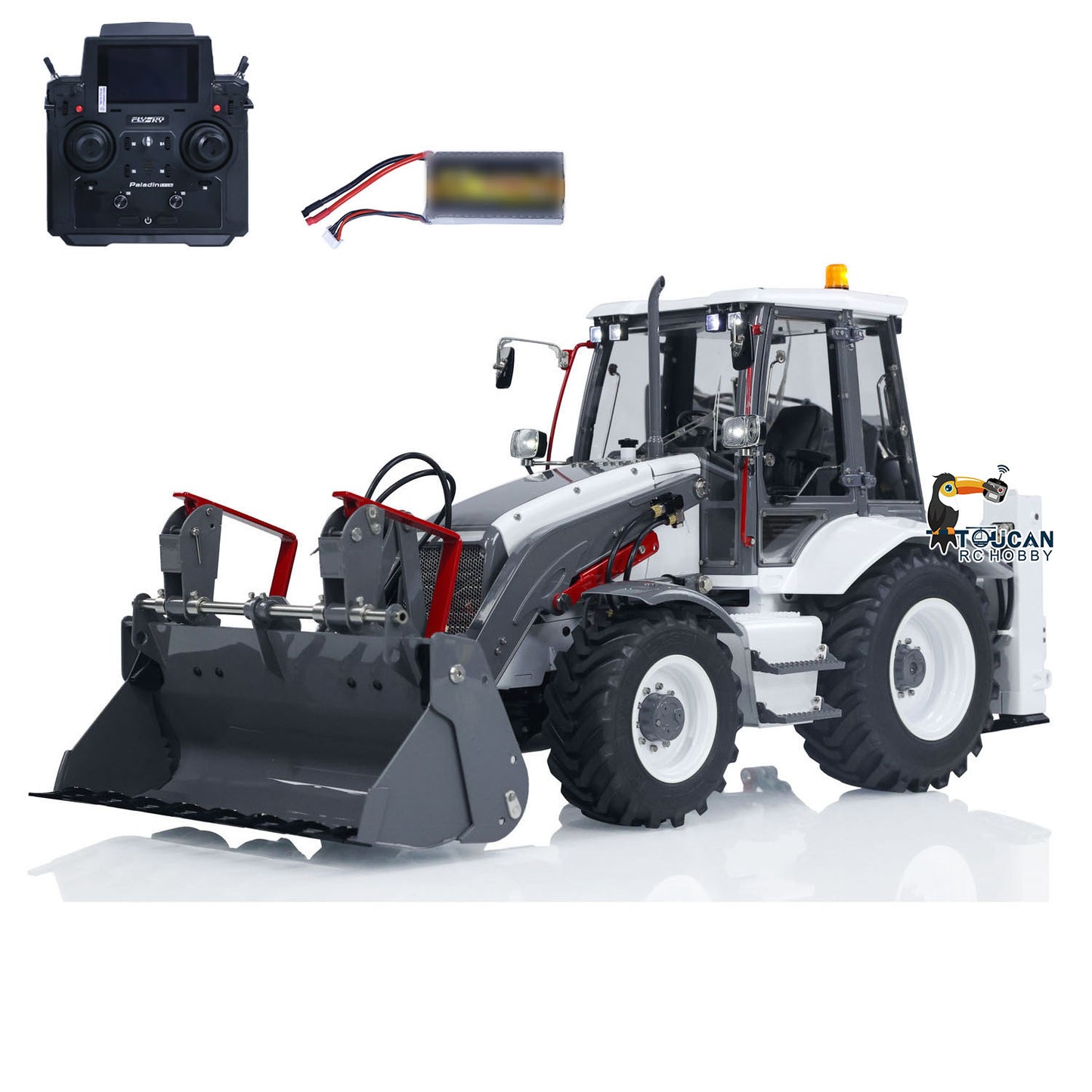 LESU BL71 A0010 1/14 Metal Hydraulic RC Backhoe Loader white and grey RTR configuration with radio controller and battery