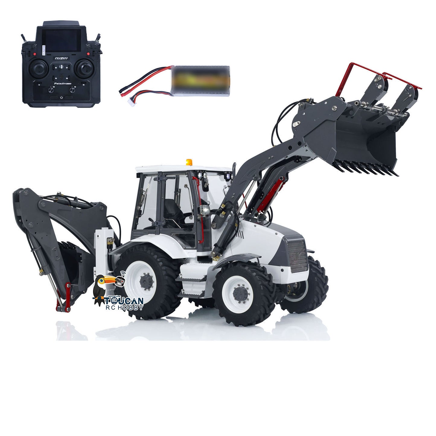 LESU BL71 A0010 1/14 Metal Hydraulic RC Backhoe Loader white and grey configuration with radio controller and battery
