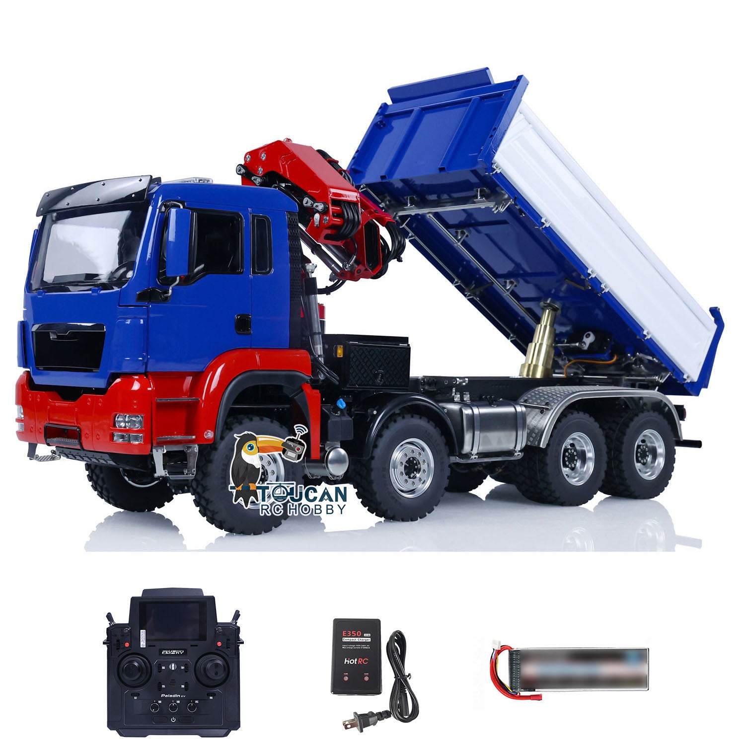 LESU Z0063 1/14 8x8 Metal Hydraulic RC Dump Truck With Crane in blue and red with radio controller battery and charger