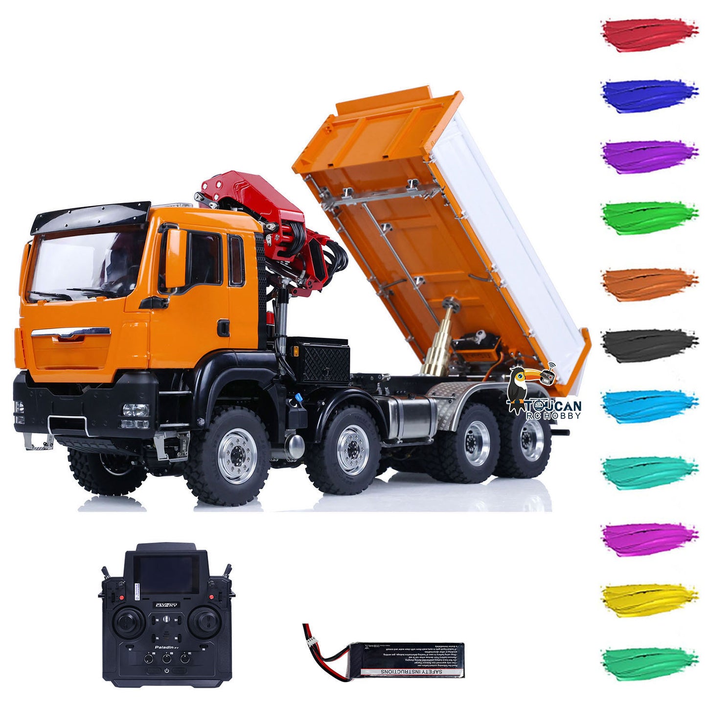 LESU Z0063 1/14 8x8 Metal Hydraulic RC Dump Truck With Crane in orange with radio controller battery and charger
