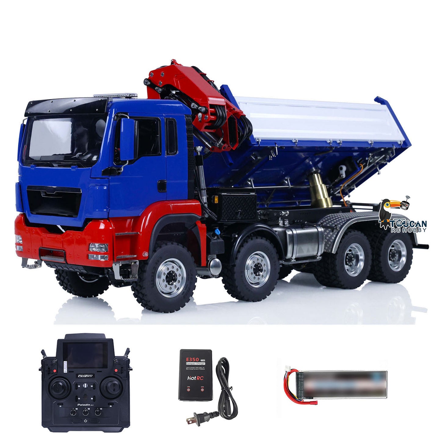 LESU Z0063 1/14 8x8 Metal Hydraulic RC Dump Truck With Crane blue and red RTR package with radio controller battery and charger