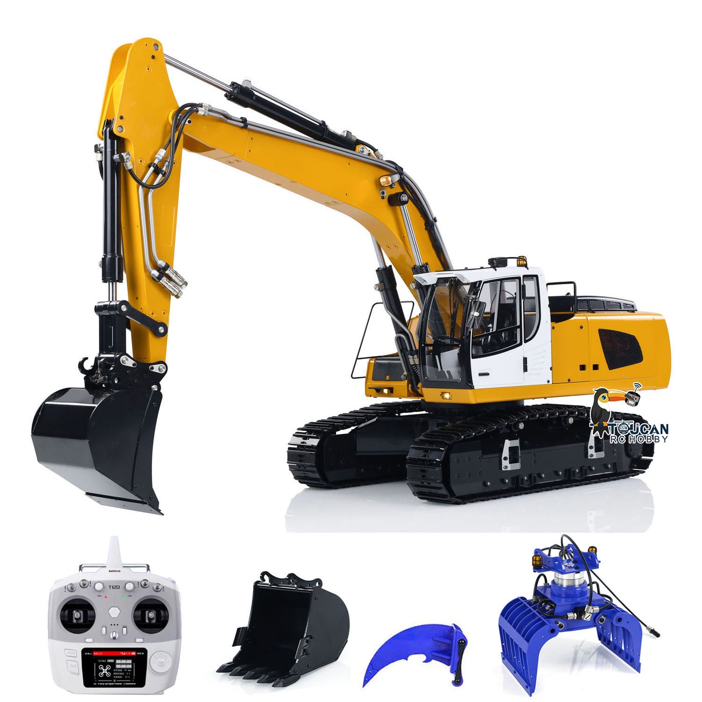 MT Model 946 1/14 Metal Hydraulic RC Tracked Excavator yellow package with T12D controller and attachments