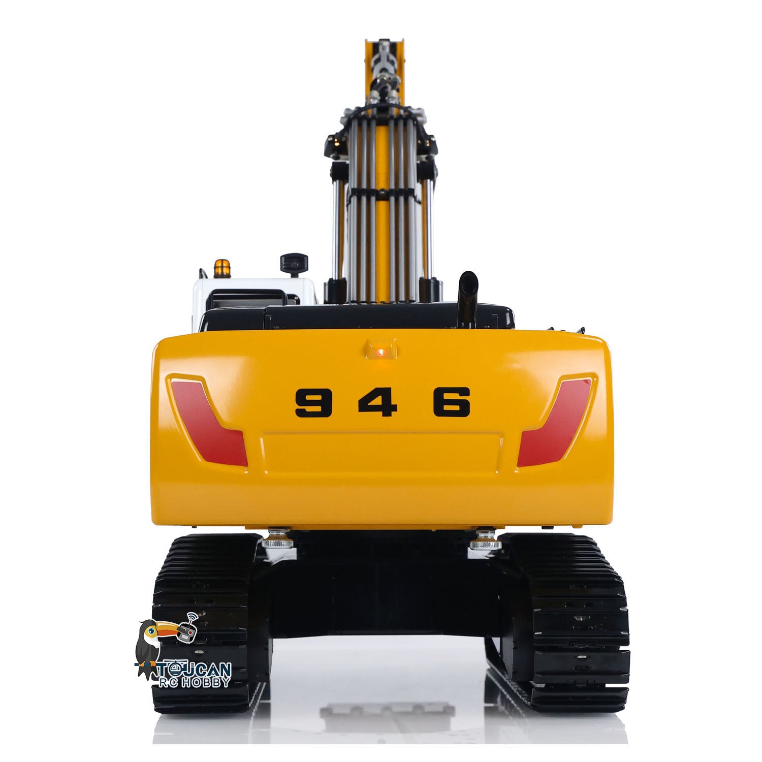 MT Model 946 1/14 Metal Hydraulic RC Tracked Excavator rear view with tracked chassis and counterweight