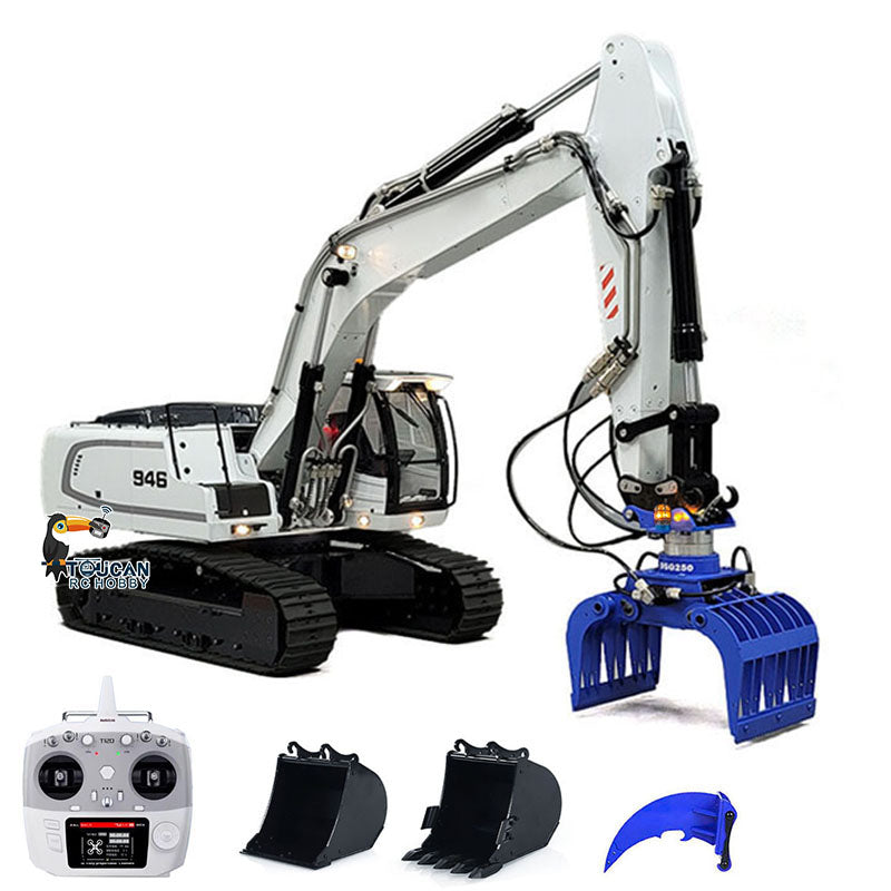 MT Model 946 1/14 Metal Hydraulic RC Tracked Excavator white configuration with T12D controller and attachments