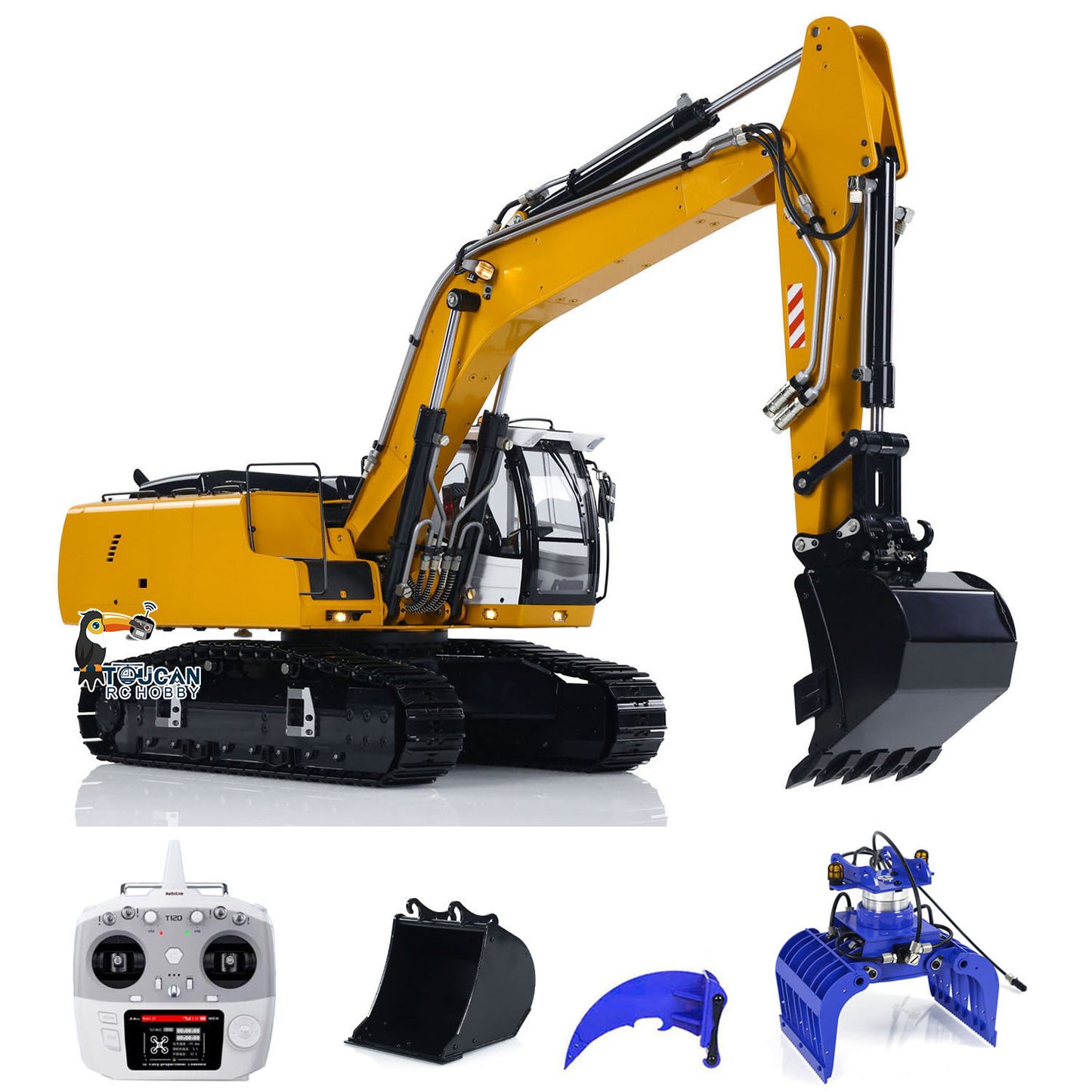 MT Model 946 1/14 Metal Hydraulic RC Tracked Excavator yellow configuration with T12D controller and attachments