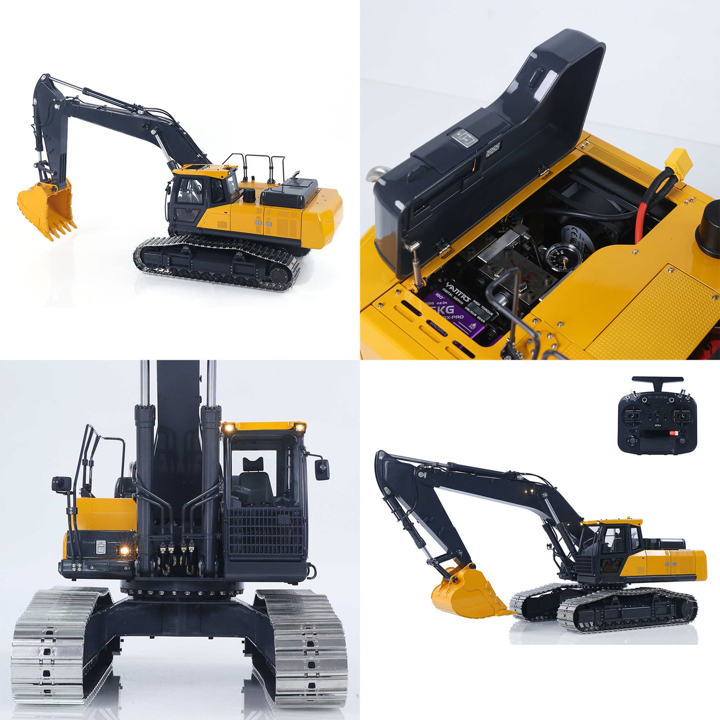 Super Frog E400 1/14 RC hydraulic excavator battery compartment and cab front detail view