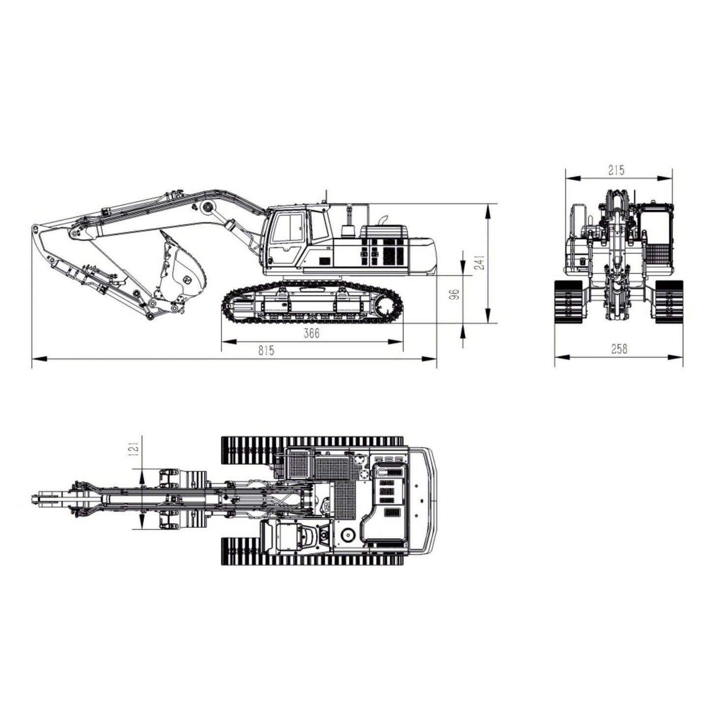 Super Frog E400 1/14 RC hydraulic excavator dimensions and specification chart display