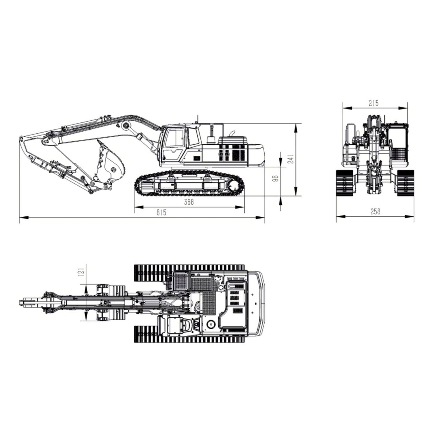 Super Frog E400 1/14 RC hydraulic excavator dimensions and specification chart display
