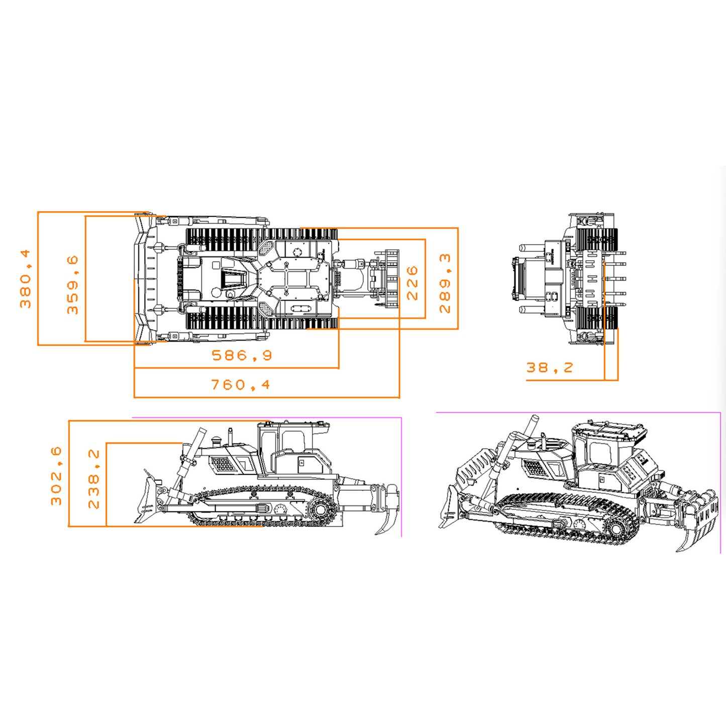 TOUCAN 1/12 RC Hydraulic Bulldozer D155AX CNC Metal Product Dimension Size Detail