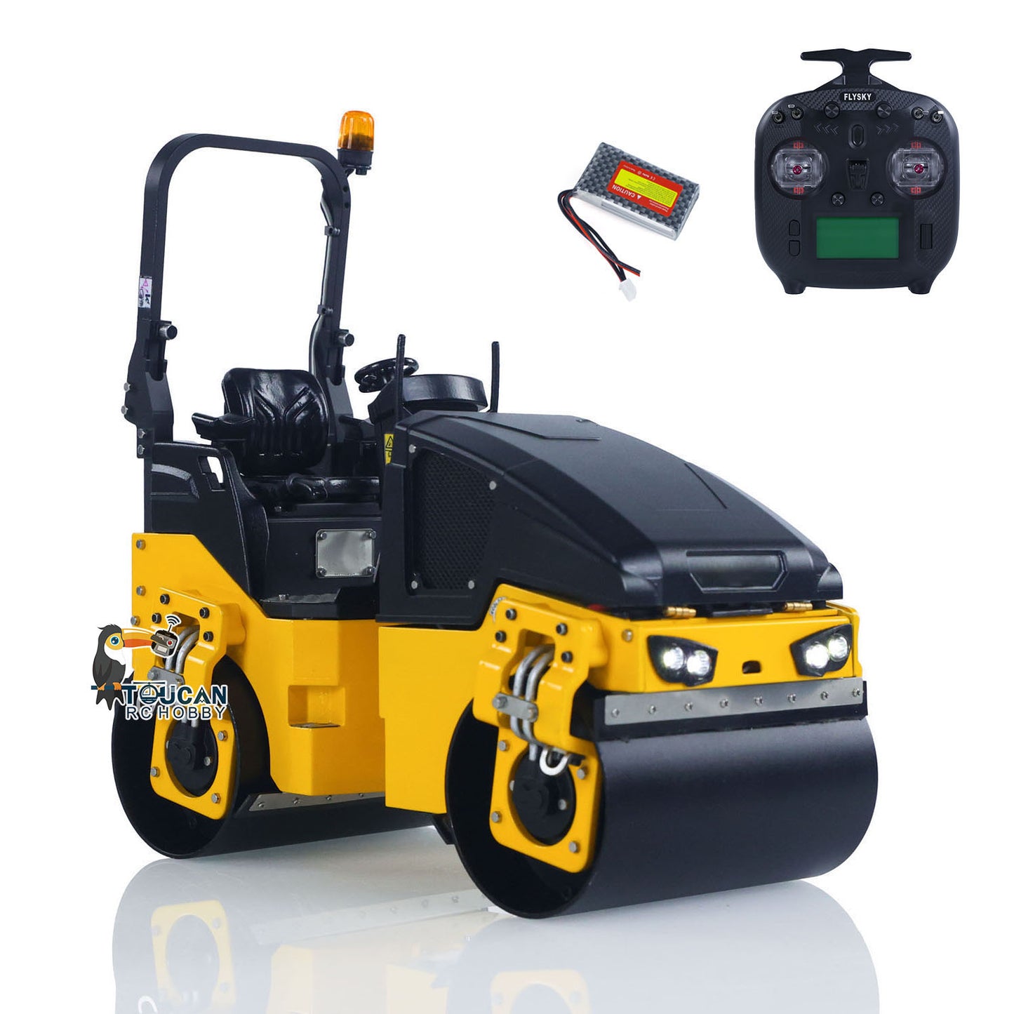 TOUCAN BW120AD 1/14 Metal RC Road Roller Compactor configuration with radio controller and battery